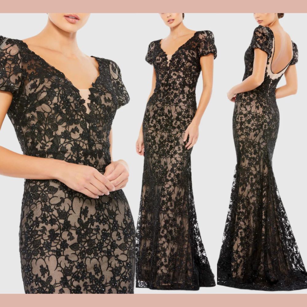 Nwd Mac Duggal [ 6 ] 50644 Lace Plunge Neck Short Puff Sleeve Trumpet Gown Black
